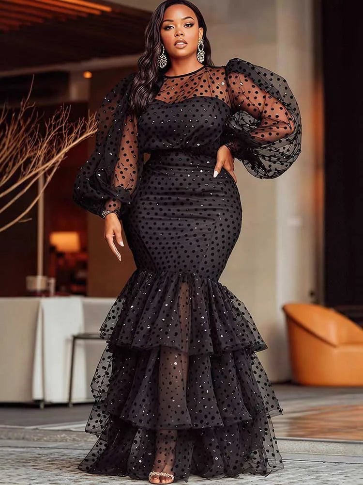 Maxy Sexy Dresses Woman Flocking Stacked Rushed Maxy Mermaid Dress Dot Mesh Puff Sleeve Long Black Party Dress Plus Size Chubby Dress