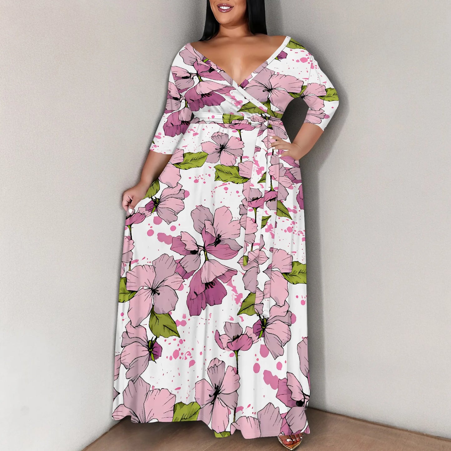 Maxy Plus Size White Wrap Dress Pink Flower Print Belted V Neck Summer Holiday Style