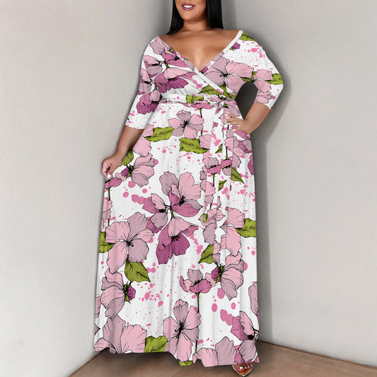 Maxy Plus Size White Wrap Dress Pink Flower Print Belted V Neck Summer Holiday Style