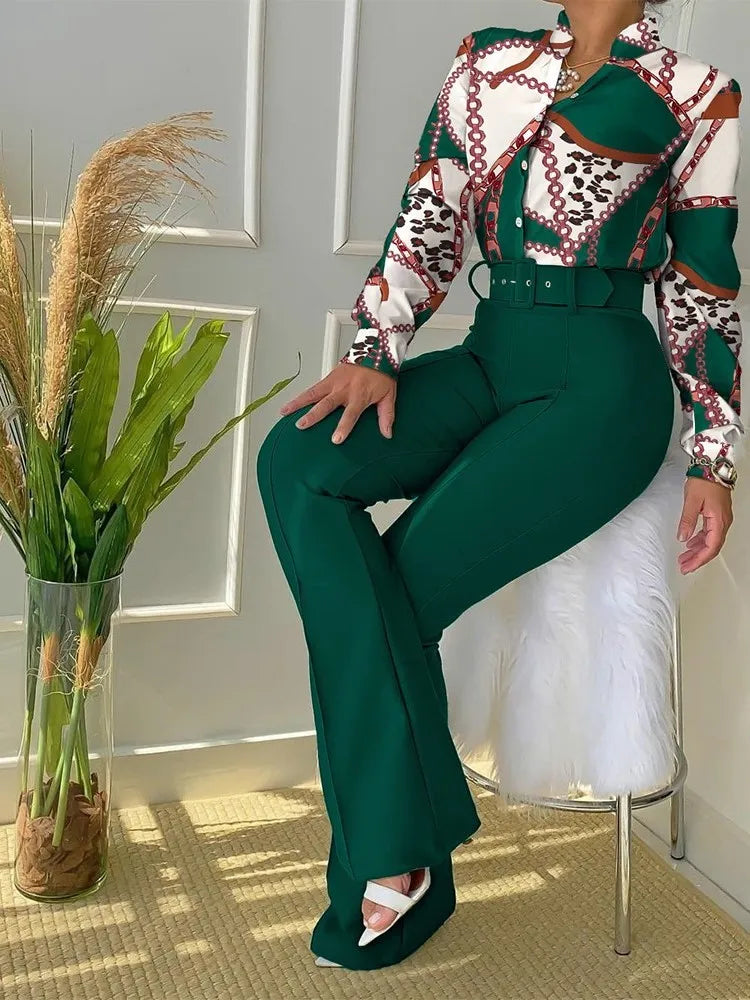 Maxy Casual Women's Two-Piece Sets Fall/winter Fashion Floral Print Stand Neck Long Sleeve Shirt & Wide Leg Pants 2pcs Set With Belts
