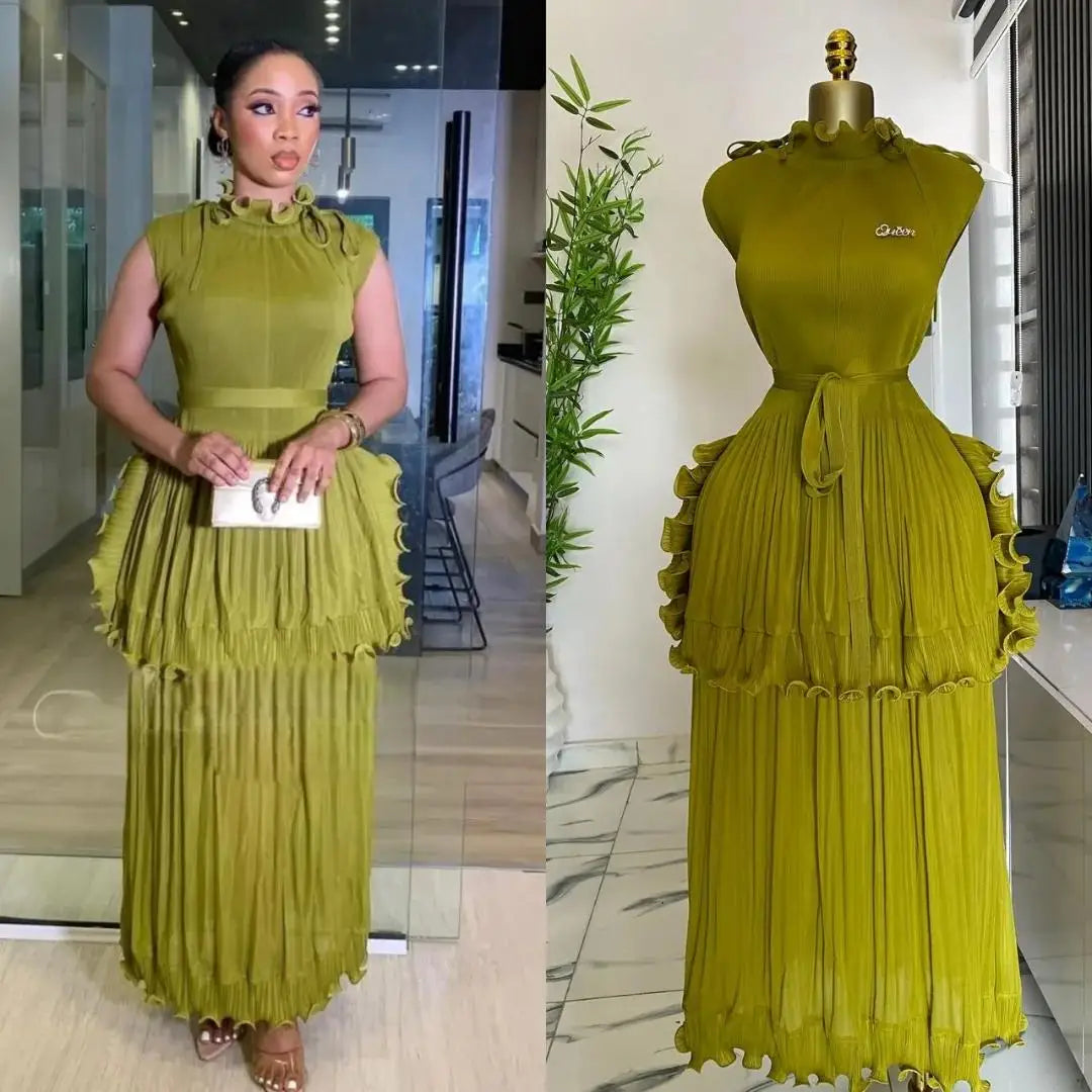 Maxy Summer New Pleated Dress Women's Solid Sleeveless Ruffles Lace Bottom Skirt with Belt Fashion Female Dresses