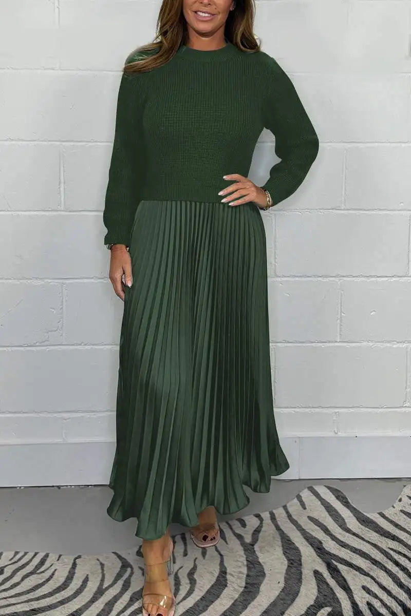 Maxy Women's solid color Long Sleeve Jumper Pleated Bottom Dress S-3XL Elegant and stylish pleat dresses with round neck for women