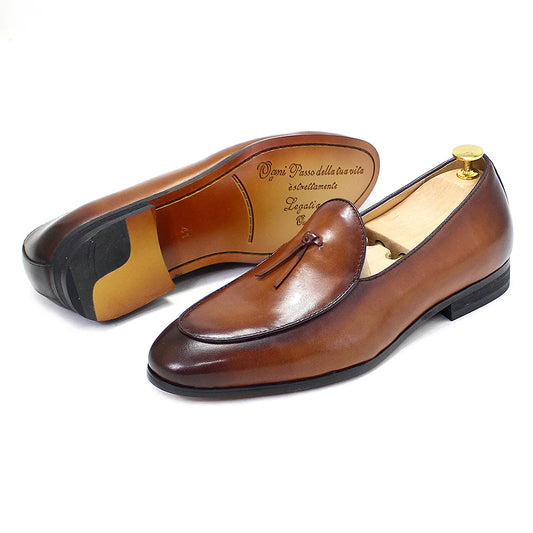 Amay Classic Italian Style Mens Tassel Loafers Genuine Calf Leather Dress Shoes Men Original Casual Business Wedding Formal Shoes