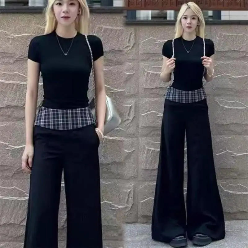 Maxy Women's Suit Fashion 2 Piece Set Short Sleeve Top Wide Leg Pants Cotton Women Summer Casual Elegant American Style Premium