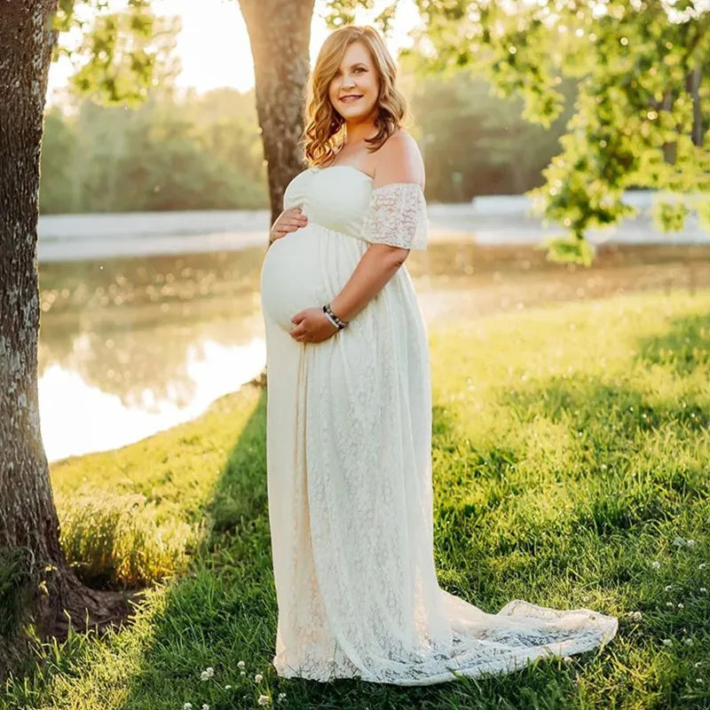 Maxy Pregnant Women Off Shoulder Ruffle Sleeve Lace Maternity Gown Maxi Photography Dress Elegant Pregnancy Dresses for Photo Shoot