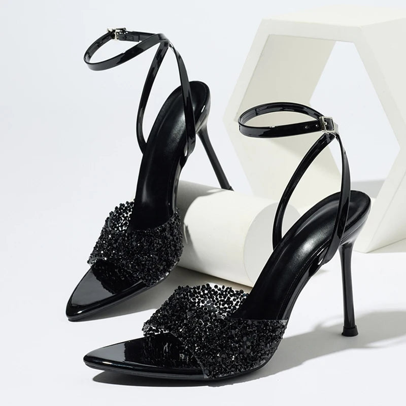 Bebs Sexy Ankle Buckle Strap Gold Sandals Women Sequined PVC Elegant Pointed Open Toe Thin High Heels Party Dress Shoes Size 43