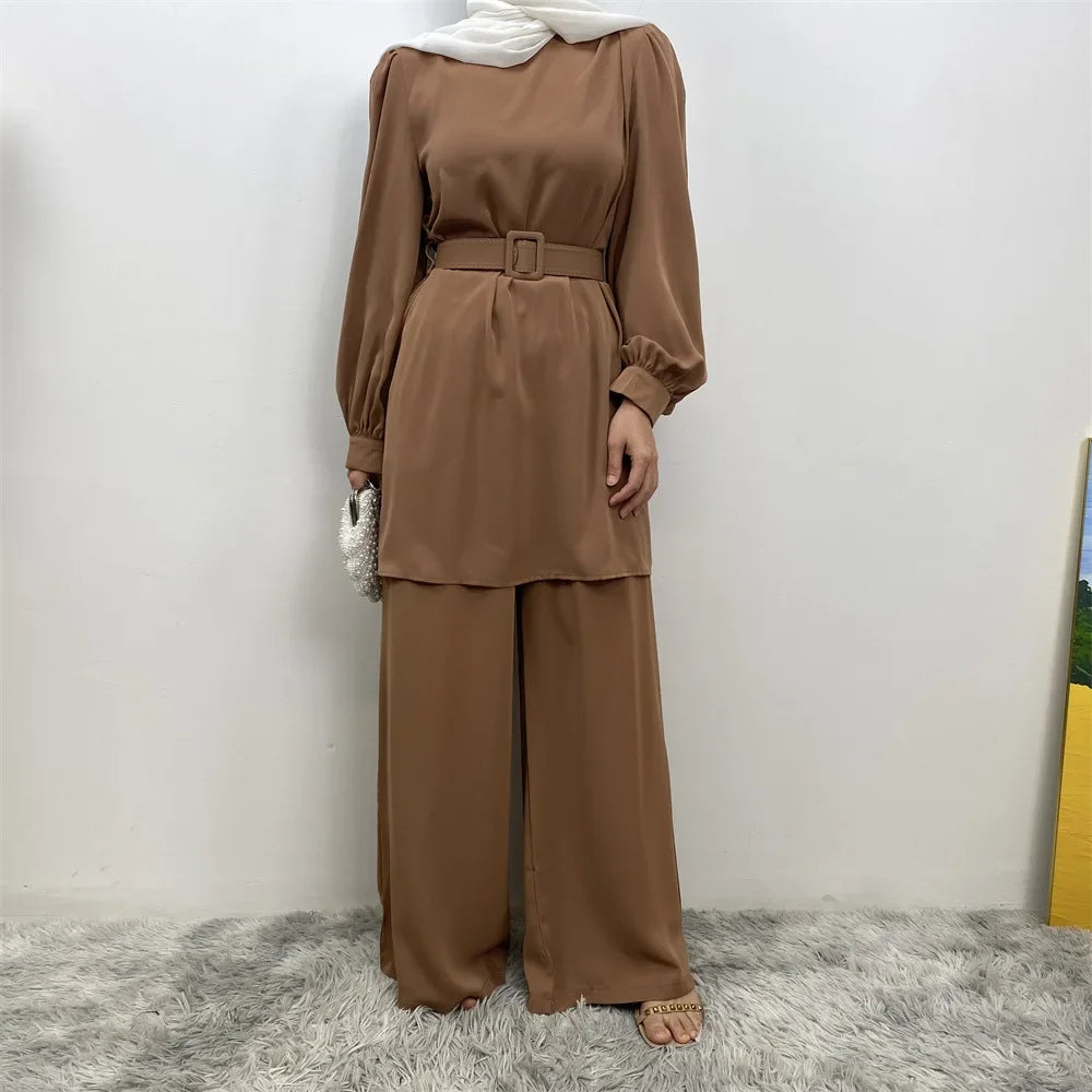 Maxy Muslim Women Long Sleeve Tops Wide Leg Pants Set Eid Ramadan Islam Clothing Dubai Turkey Kaftan Dress Arabic Outfits Suit Abaya