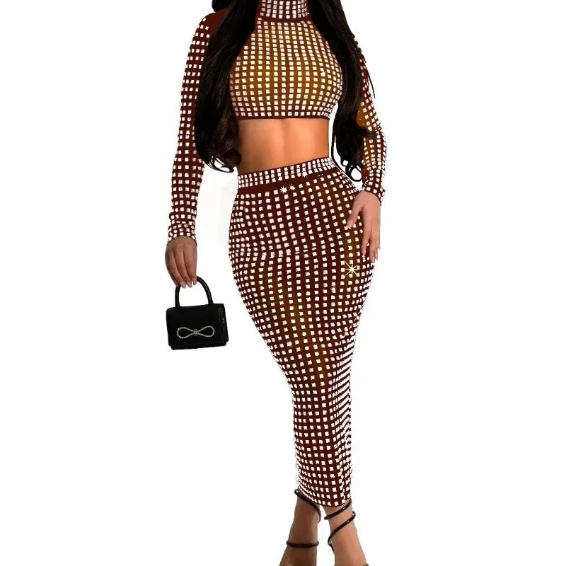Maxy Luxury Rhinestone Studded Two Pieces Sets For Women Glam Sheer Mesh Crystal Crop Top And Matching Skirt Set Clubwear