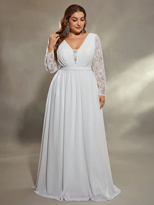Maxy Mgiacy plus size  Deep V shoulder lace long sleeve chest pleated chiffon wedding dress A full skirt Evening gown Ball dress