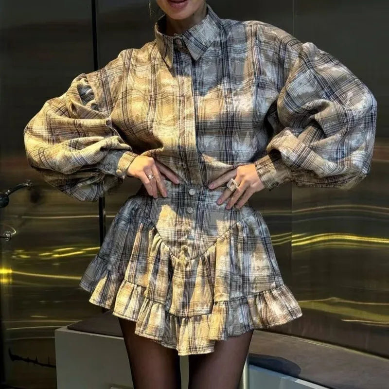 Maxy Spring Short Dress Two Piece Women's Vintage Lapel Shirt Pleated Skirt Set Women Casual Dress Sets Female Outfits