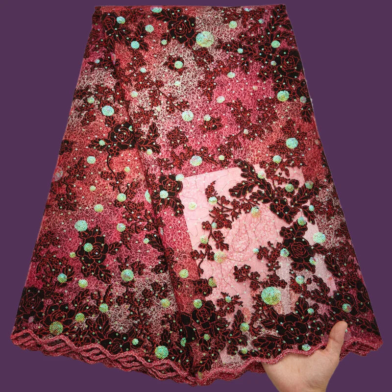 Maxy 5 Yards Sequins Nigerian Mesh Tulle Lace Fabric French Velvet Lace Fabric For Women Wedding Party Dresses A2616