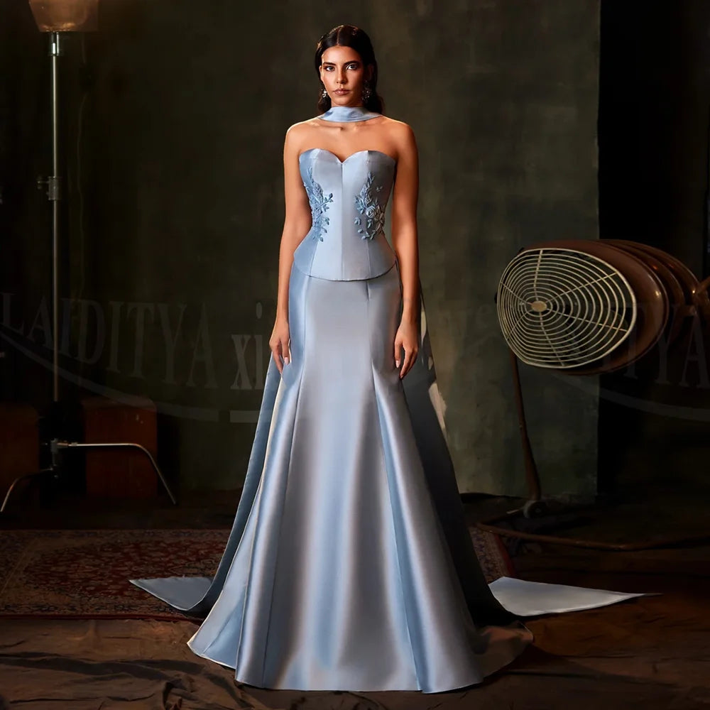 Maxy Fashion Appliques Evening Dresses Elegant Strapless Flower Prom Gowns Chic Scarf Sweep Train Mermaid Women Party Dresses