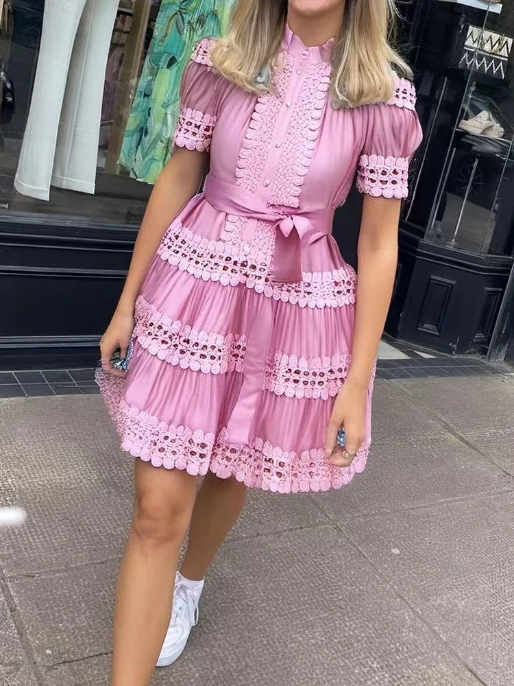Maxy summer women's new ladies stand collar hollow single-breasted short-sleeved dress with high waist and short A-line skirt.