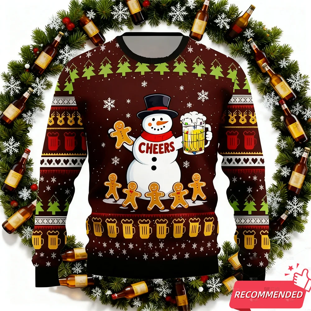 Maxy Fashion Beer Ugly Christmas Sweater For Women Funny Cartoon Santa Mens Ugly Sweater Xmas Holiday Crew Neck Men's Sweatshirt