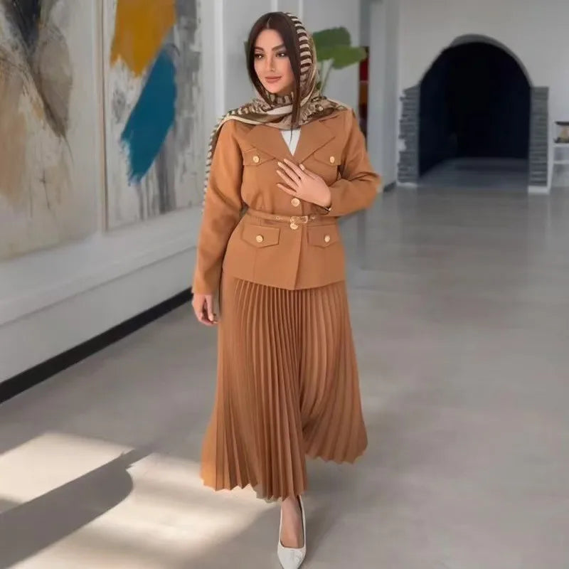 Amay Elegant Women Two Pieces Set Single-breasted Lapel Jacket Coat Belt Pleated Midi Skirt Suit office Lady New In Matching Set