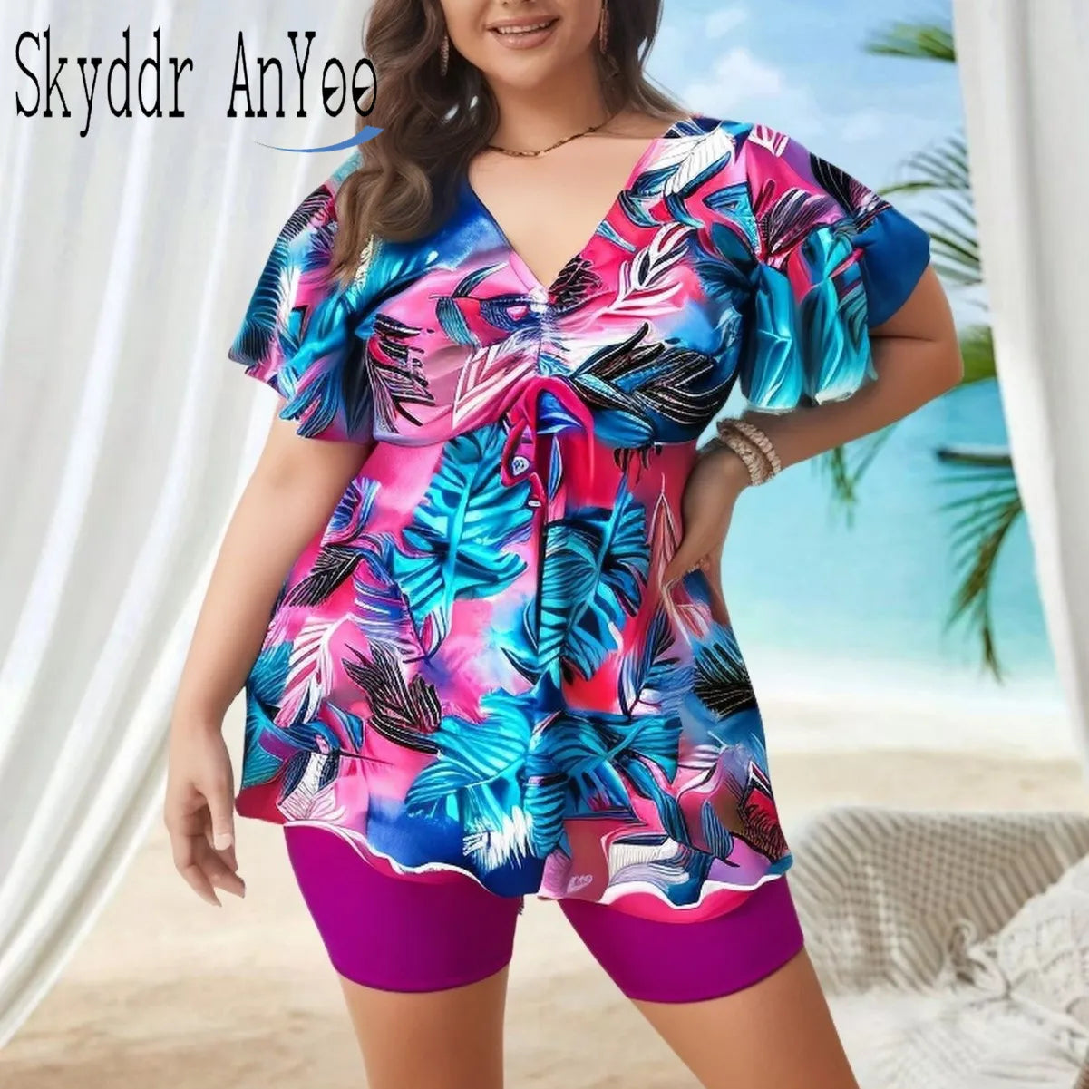 Maxy Women's Plus Size Tankini Swimsuits Two Piece Bathing Suits Printed Short Sleeve Swim Tops And High Waist Shorts Swimwear