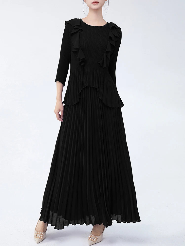 Maxy Pleated Two Pieces Sets Women Ruffles Irregular T Shirt + A Line Loose Skirt New Female Elegant Lady Clothing 6R4839