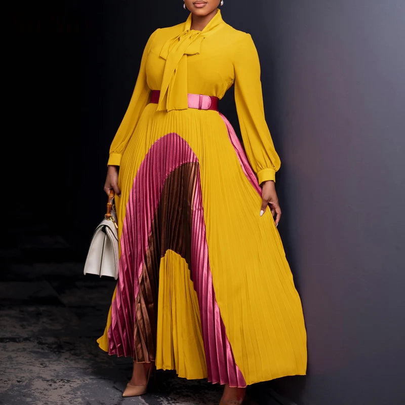 Amay Clothes for Women Elegant Pleated Bow Collar Maxy Dress and Belt Africa Clothing Robe Femme Spring