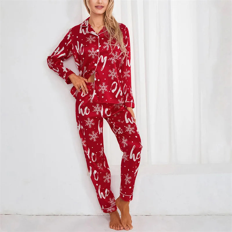 Maxy Autumn Women Pajamas Set Print Christmas Sleepwear 2Pcs Red Buttons Lapel Neck Shirt Tops + Elastic Waist Pants Sets Loungewear