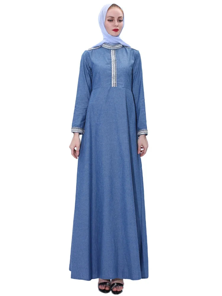 Maxy New Women Denim Long Dress Abaya Muslim Dubai Kaftan Islamic Robe Turkish Caftan Vintage Party Gown