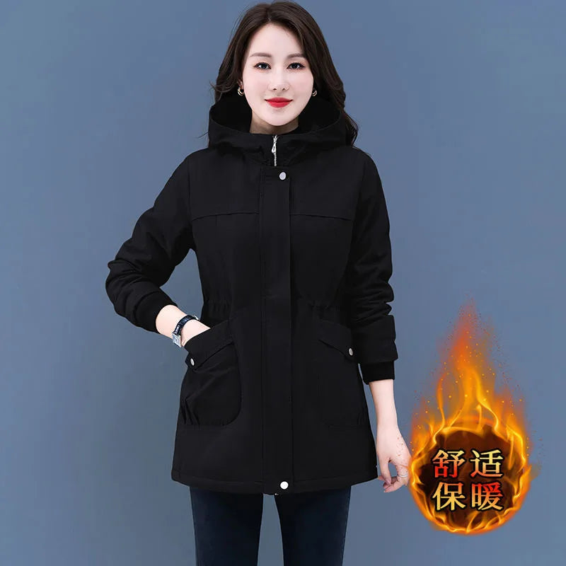 Maxy Casual Plus Velvet Warm Winter Trench Coat For Women Slim Hooded Thicken Cotton Jacket Female Snow Wear Overcoat.