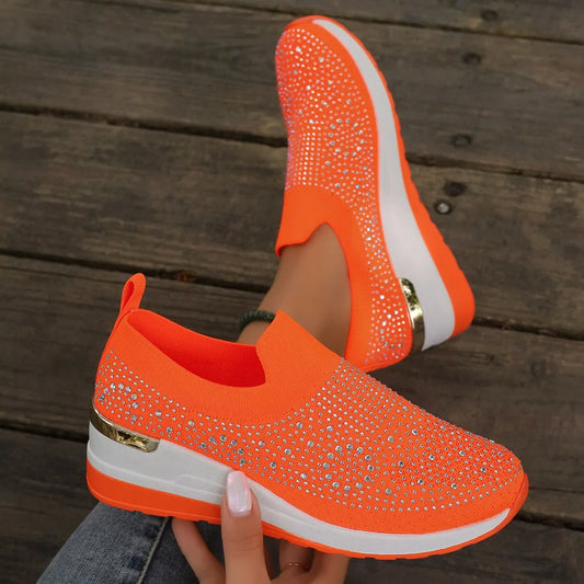 Visco Orange Rhinestone Casual Sneakers Breathable Wedge Women Lightweight Shoes Slip On New Comfortable Spring Mesh Sports Shoes