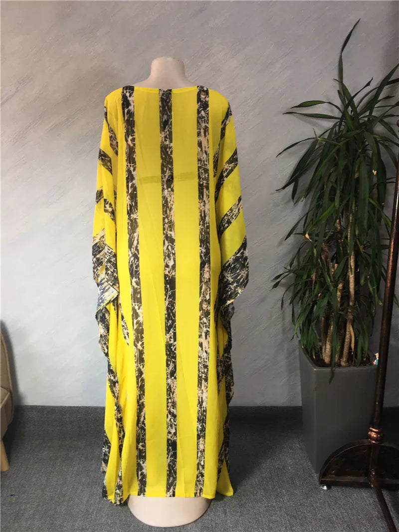 Maxy Abaya For Women Muslim Chiffon Printed   Bat-Sleeve Stripe Long Dresses With Belt Summer Gorgeous Dashiki  Dress