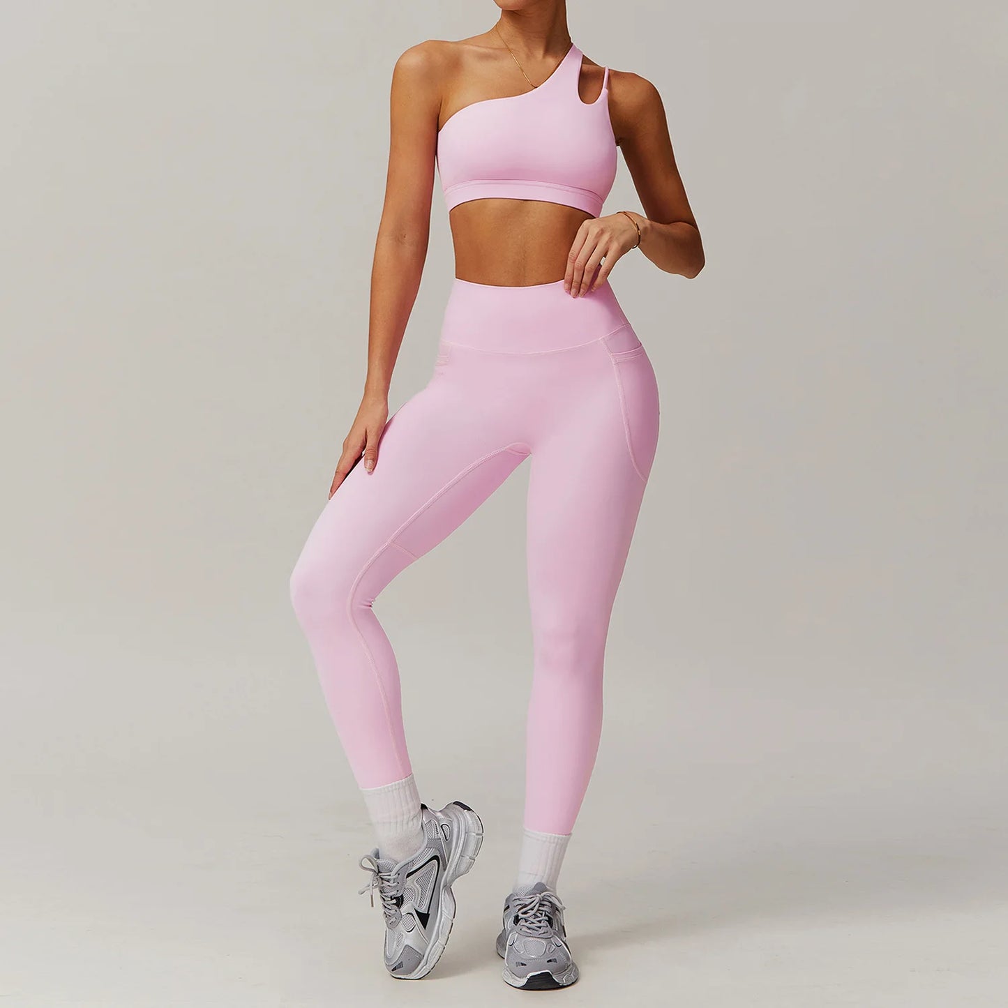 Maxy Sportswear Yoga Set Quick-Dry Tight Suit With Pocket Sports Women Tracksuits Asymmetric Shoulder Running Gym Leggings
