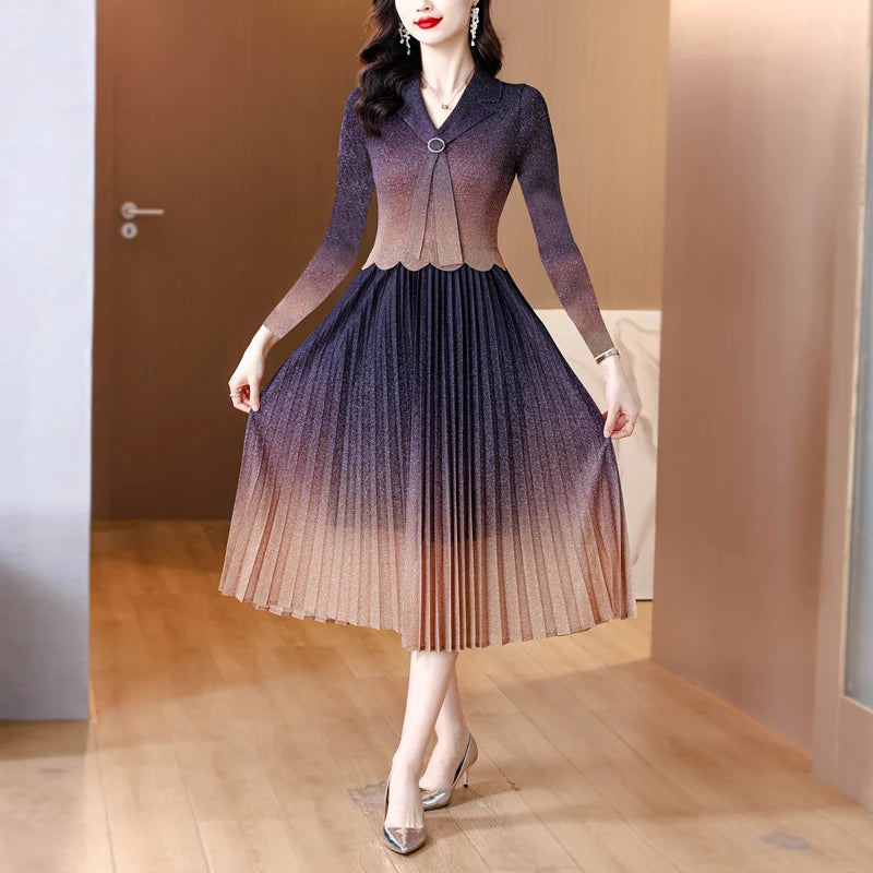 Maxy Wrinkled Autumn Starry Sky Color Matching Slimming Dress Women's High-end Versatile Ribbon Skirt Miyake Maxy Dress