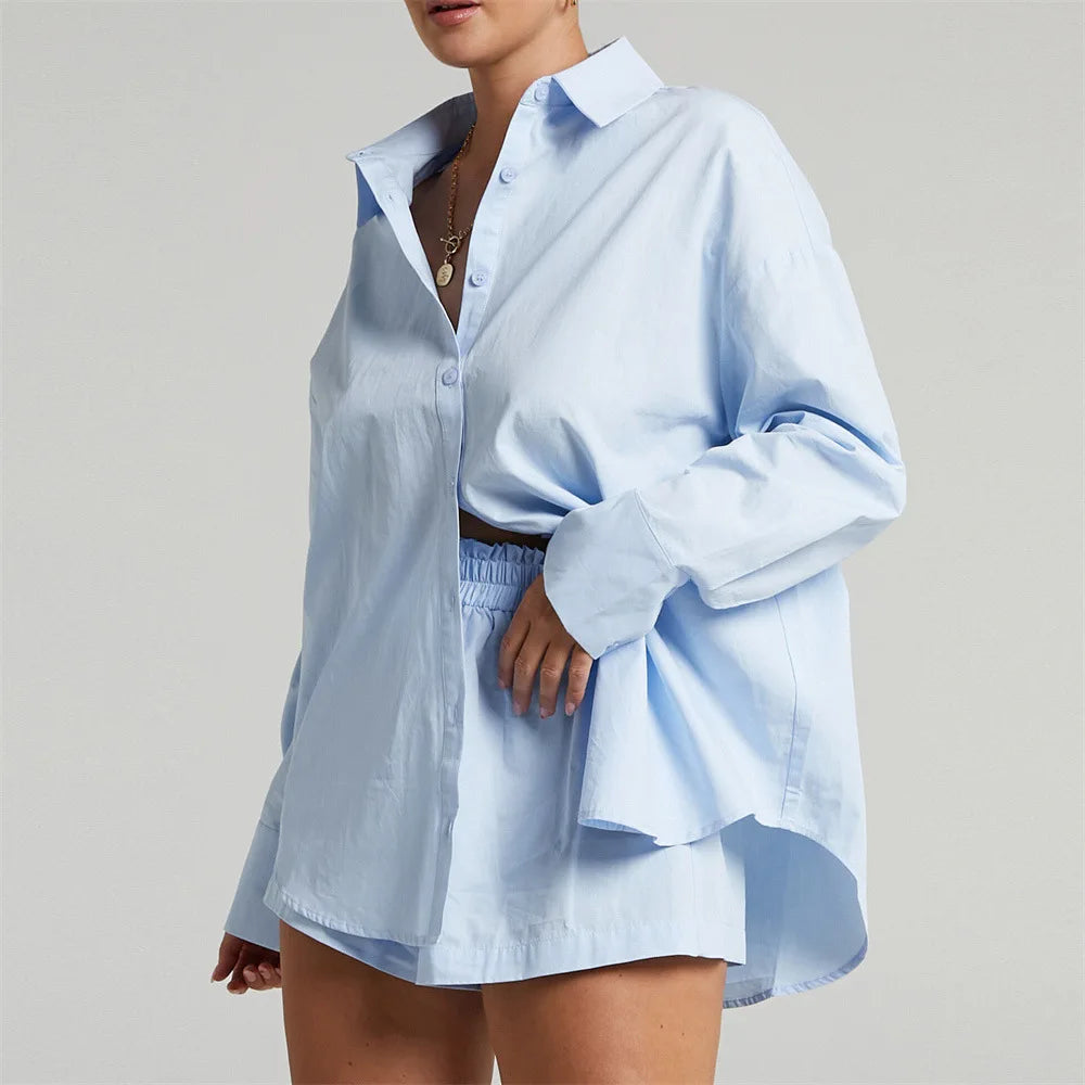 Maxy Women Tracksuits Shirt with Mini Shorts Cotton Two Pieces Sets Fashion Clothing Outfits Women Blouses Fashion Tracksuits