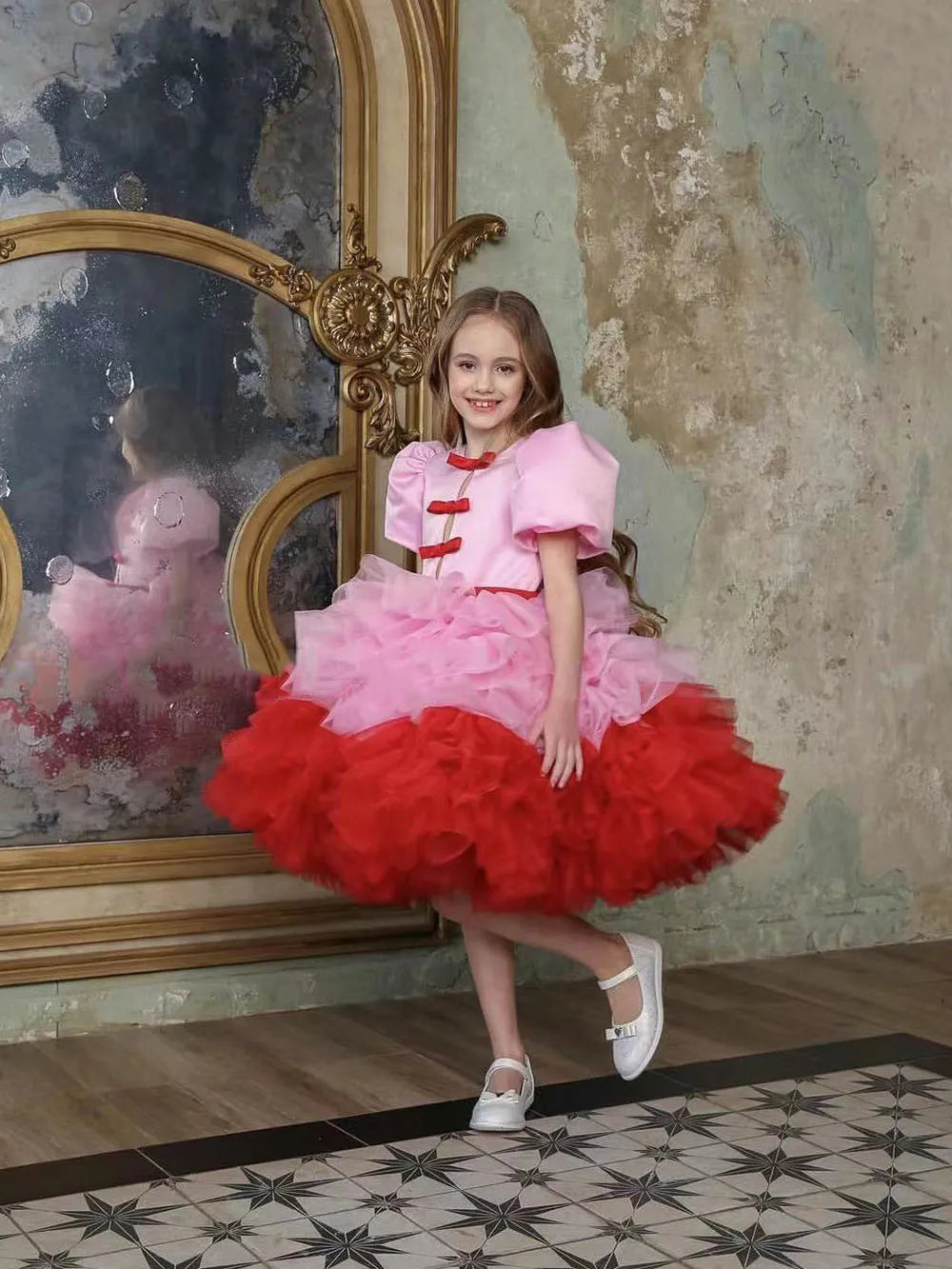 Maxy Princess Elegant Bubble Sleeve Flower Girl Dress For Wedding With Bows Layred Puffy Child First Eucharistic Birthday Party Dresses