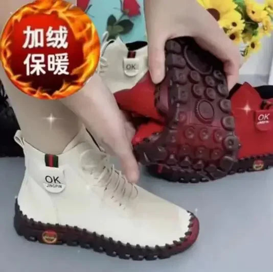 Maxy NEW Women Shoes Autumn Loafers Lace Up Sneakers Casual Flats Solid Soft Bottom Boots Leather High-Top Sneaker Female Shoes