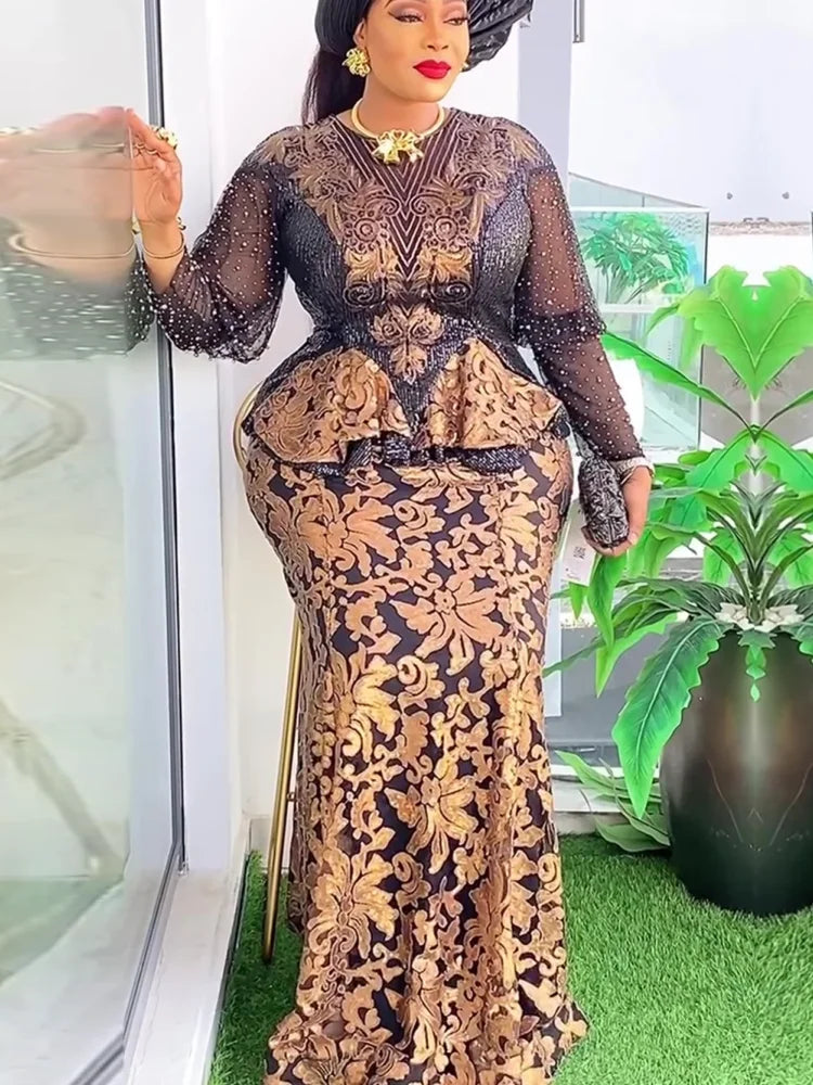 Maxy Plus Size African Party Dresses For Women New Fashion Dashiki Ankara Sequin Wedding Gowns Elegant Turkey Muslim Maxy Dress