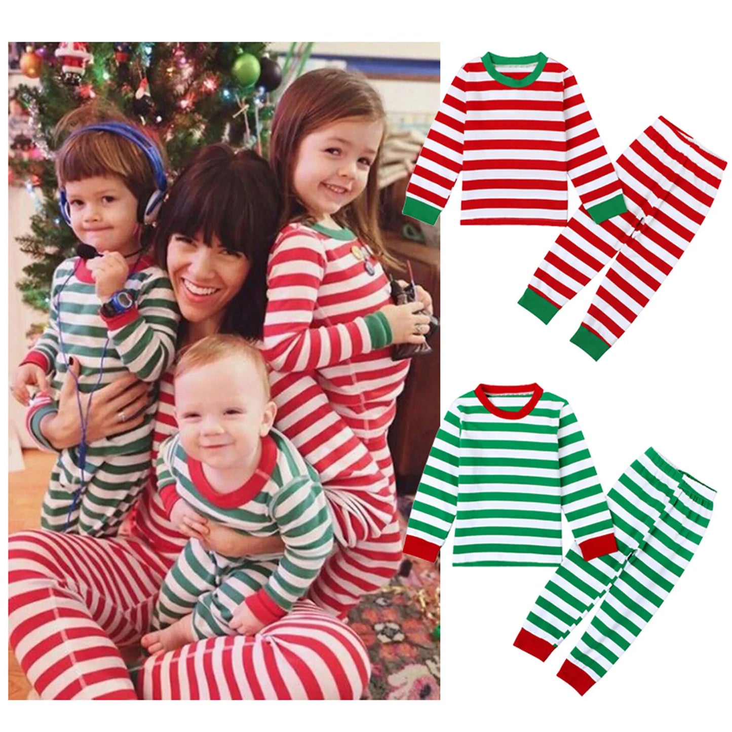 Max Baby Boy Clothes Christmas Family Matching Outfits Red Green Full Sleeve Striped Pant Children Pajama Kids Family Clothing Sets