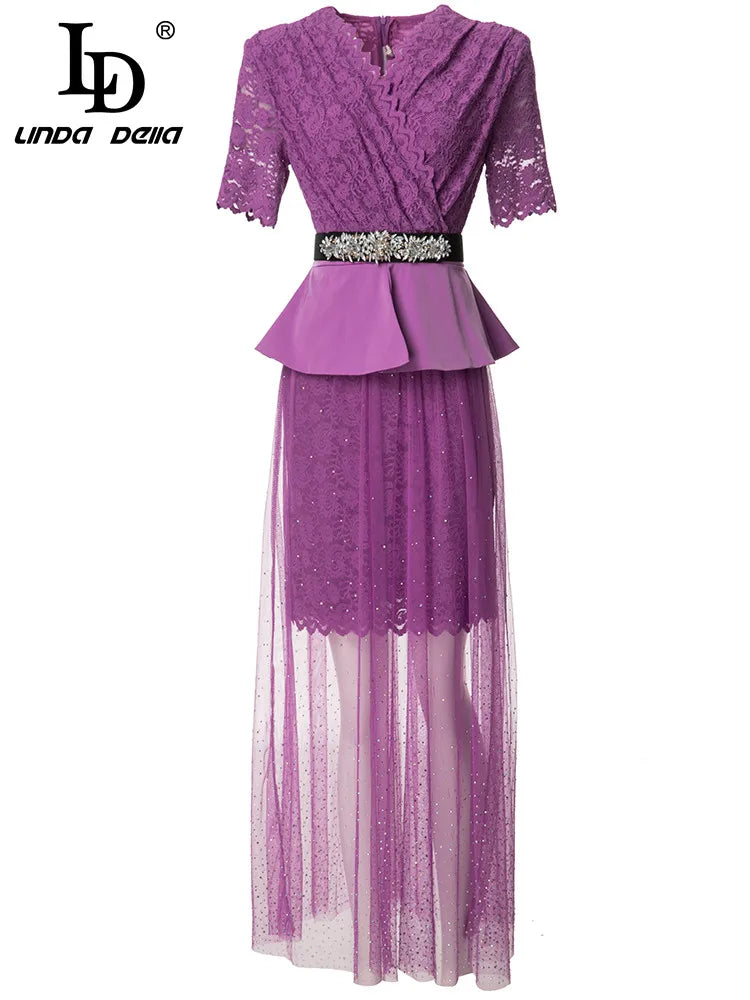 Maxy Designer Summer Dress Women V-neck Belted Luxury Diamond Beading Long Sleeve Lace Ruffles Purple Long Dress