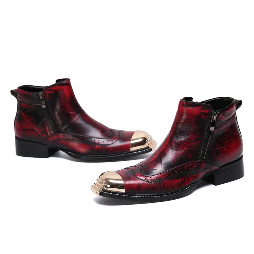 Visco Red Printing Wit Gold Metal Zipper Genuine Leather High Heels Pointed Toe Boots Male Plus Size Fashion Party Wedding Dress Shoes