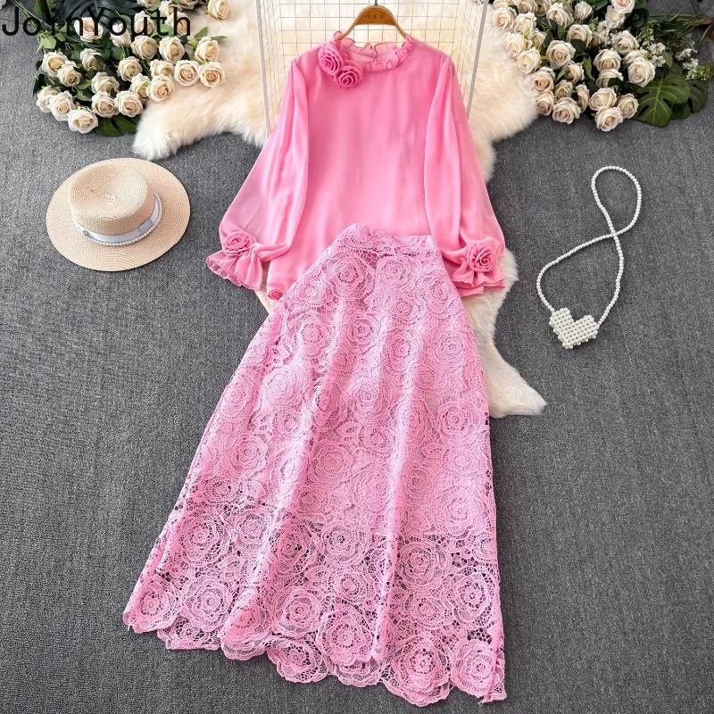 Women 2 Piece Sets Elegant Vintage O-neck 3D Flower Chiffon Shirts Hollow Out Lace Bodycon Skirts Suit Summer Two Piece Set