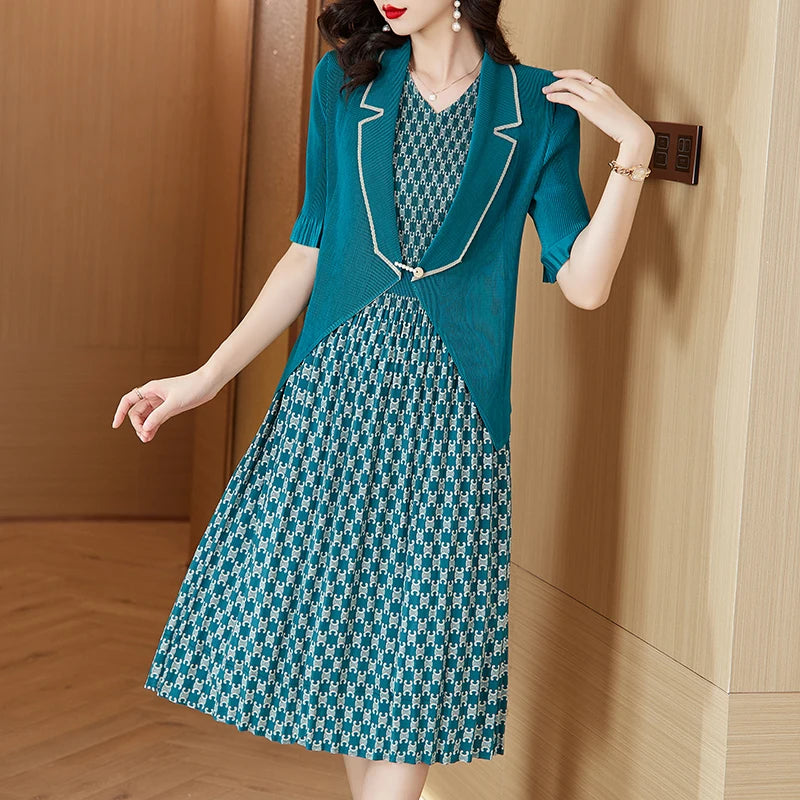Maxy Pleated Dress Autumn New Style Plaid Suit Collar Pleated Skirt Waist Slimming Magic Skirt Set Maxy Dress for Women