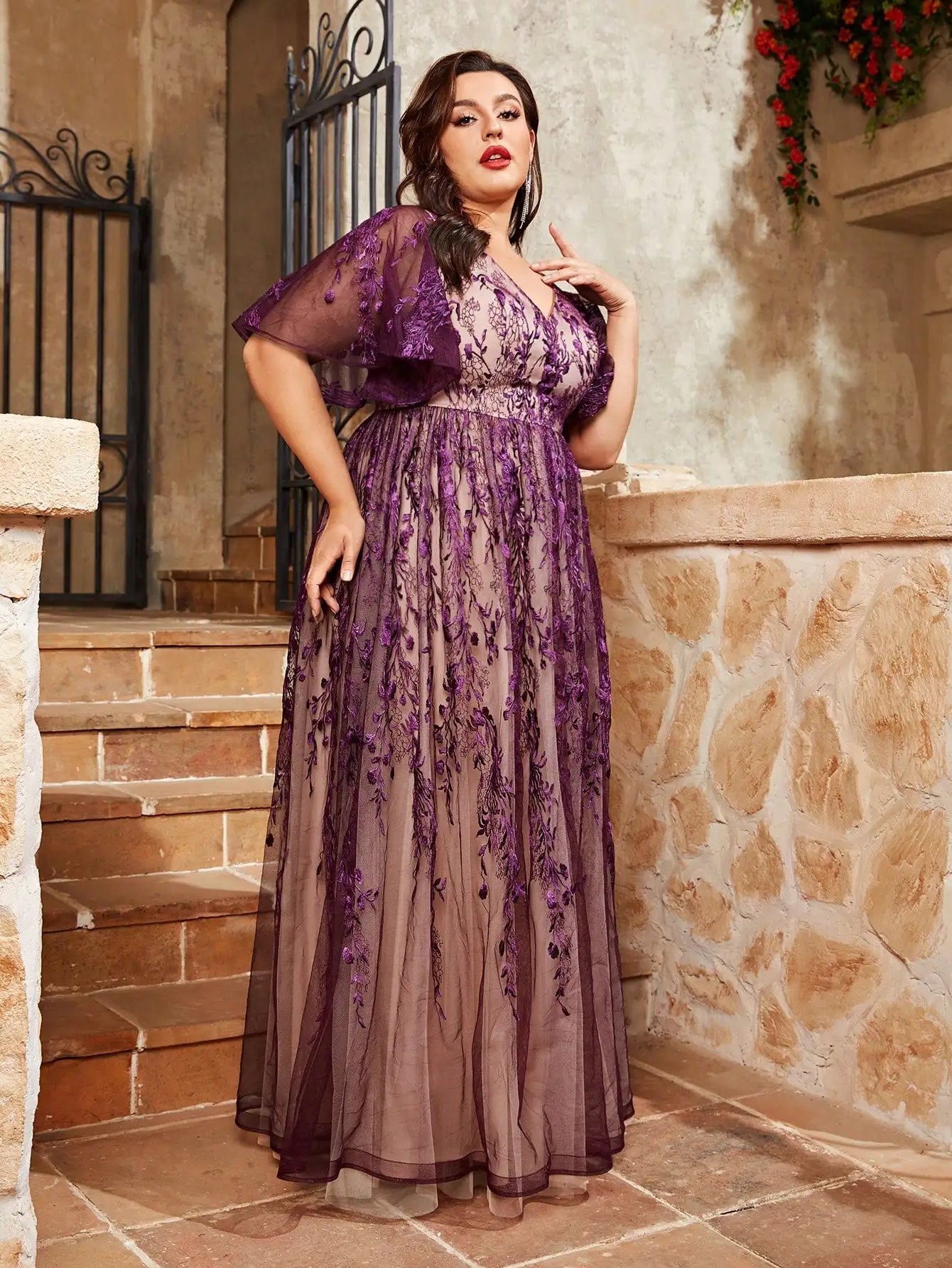 Maxy plus size V-neck embroidered lace large trumpet sleeve color mesh long skirt evening gown ball dress Party dress