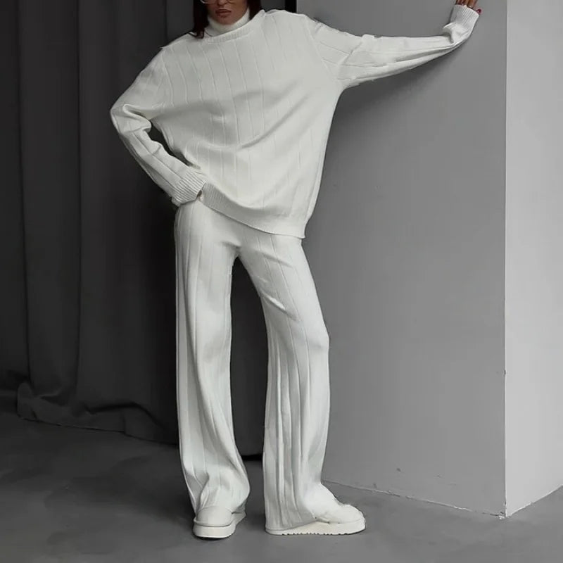 Maxy REALEFT Autumn Winter 2 Pieces Women's Sets Knitted Tracksuit Turtleneck Sweater and Straight Jogging Pant Suits Outfits