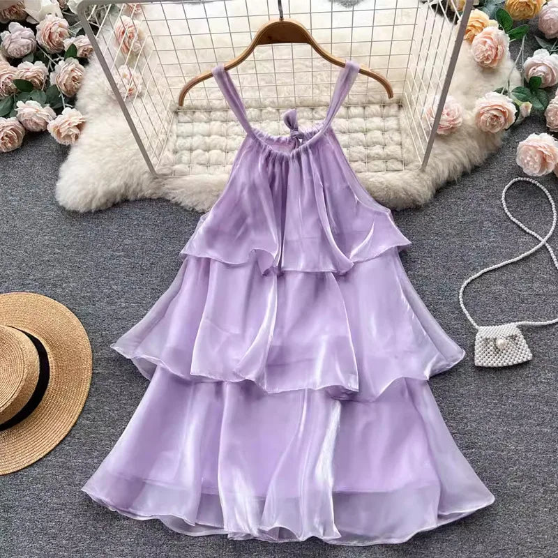 WAKUTA Summer Elegant Neck Hanging Sleeveless Ruffle Edge Dresses Casual Patchwork Ruffle Edge Sweet Cake Vestido Elegante Mujer