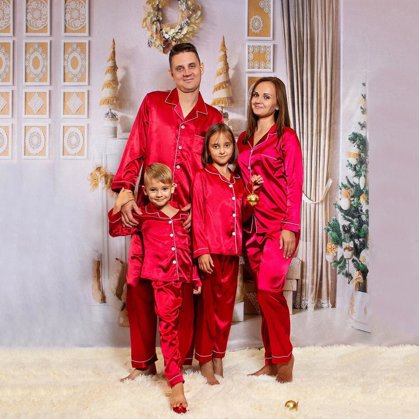 Christmas Sleepwear Family Pajamas Set Silk Satin Adult Women Kids Family Matching Clothes Children Female Sleep Two Piece Set 4