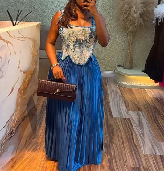 Maxy Vintage French Court Style Long Dress Set Y2K Fresh Floral Print Waist Cinched Vest Top High Waist Pleated Skirt Two-Piece Set