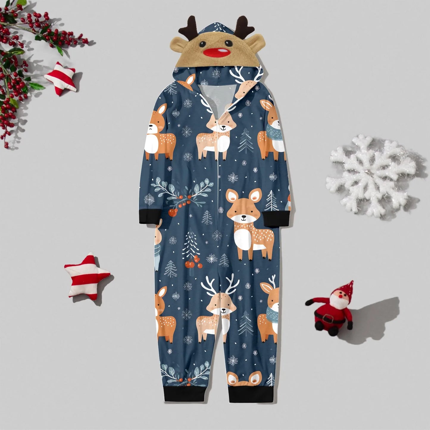 Christmas Long Sleeve Cute Deer Head Men Hoodie Jumpsuit Soft Zipper Romper Sleepwear Holiday Family Matching Pajama Set Family