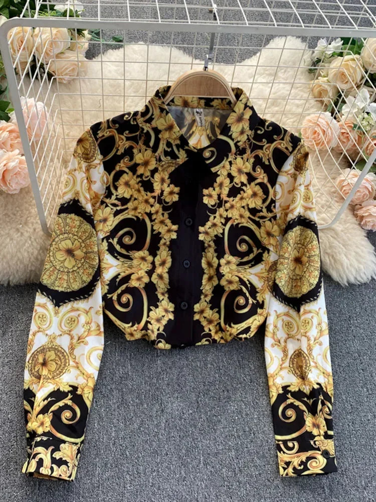 Maxy Spring Autumn Women's Blouse Tops New Bohemian Retro Turn-down collar Office Lady Trend Printing European American Shirt UK766