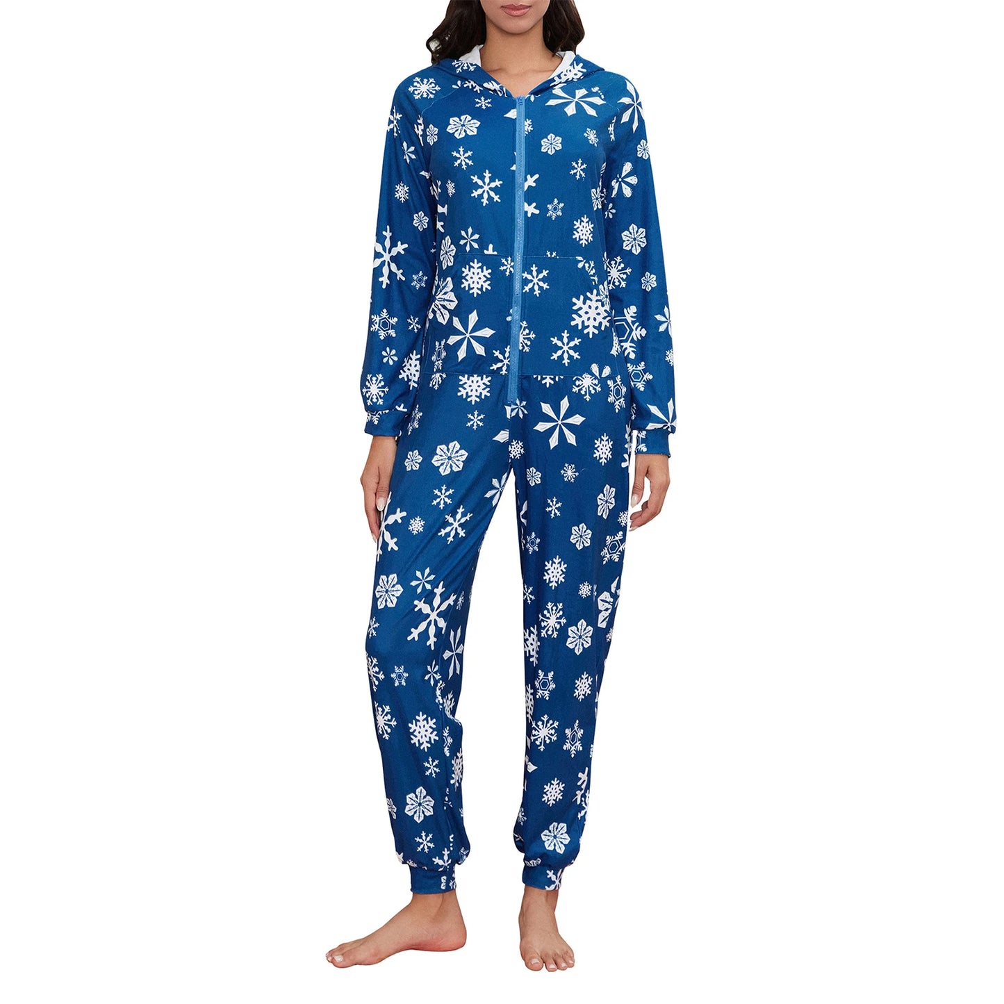 Women s Fleece Christmas Pajamas Jumpsuit Reindeer Print Long Sleeve Hooded Nightwear with Pockets for Winter Fall