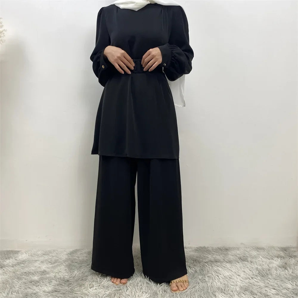 Maxy Muslim Women Long Sleeve Tops Wide Leg Pants Set Eid Ramadan Islam Clothing Dubai Turkey Kaftan Dress Arabic Outfits Suit Abaya