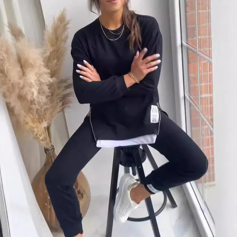 Maxy New Autumn Patchwork Loose TwoPiece Set Women's Fashion Long Sleeve Pullover Suit Casual Hoodie Sports Pencil Pants Outfits