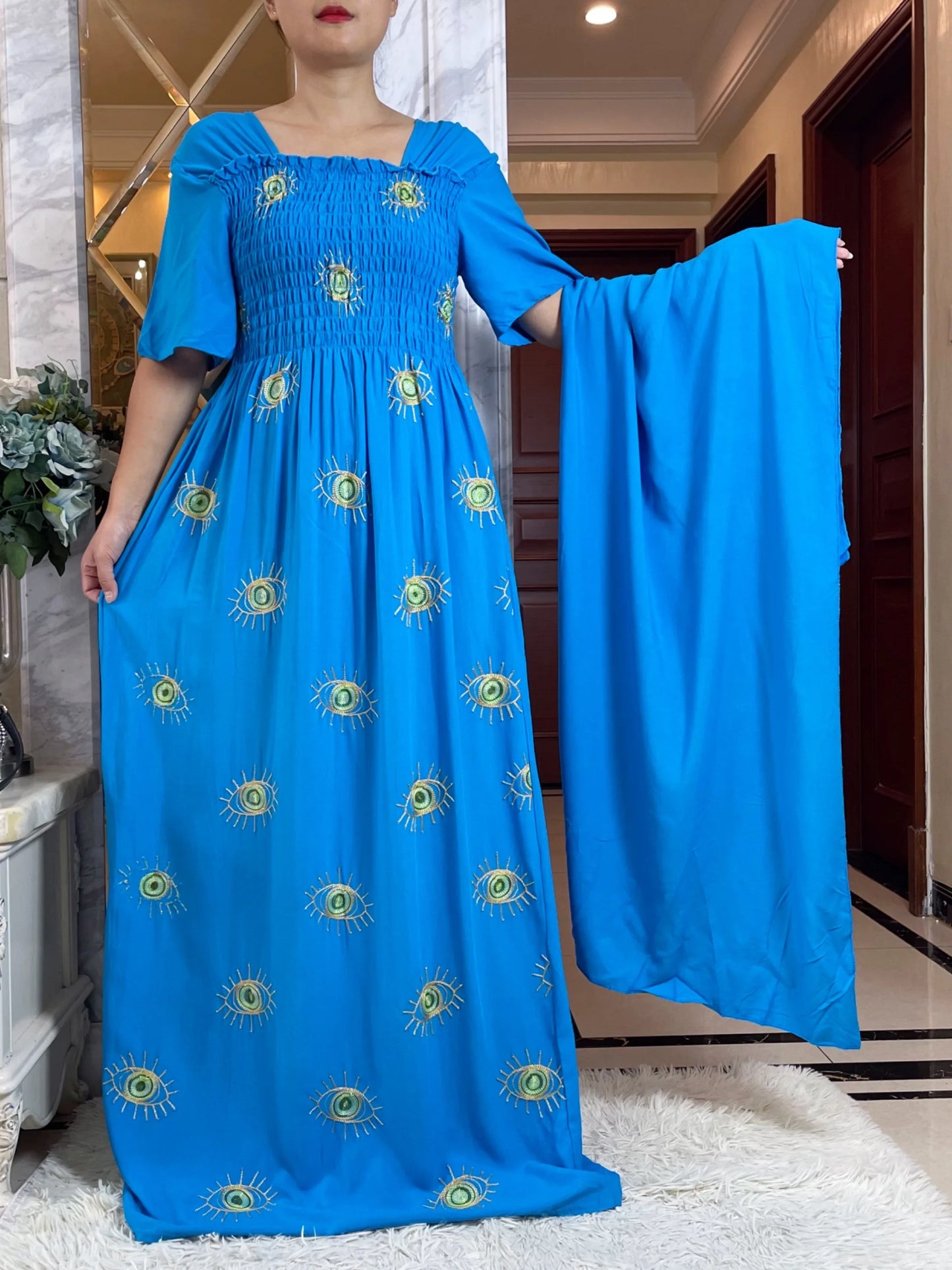 Maxy Summer Fashion Casual Dress Collect Waist Embroider Short Sleeve Loose Woman Maxy Islam African Women Abaya Clothes