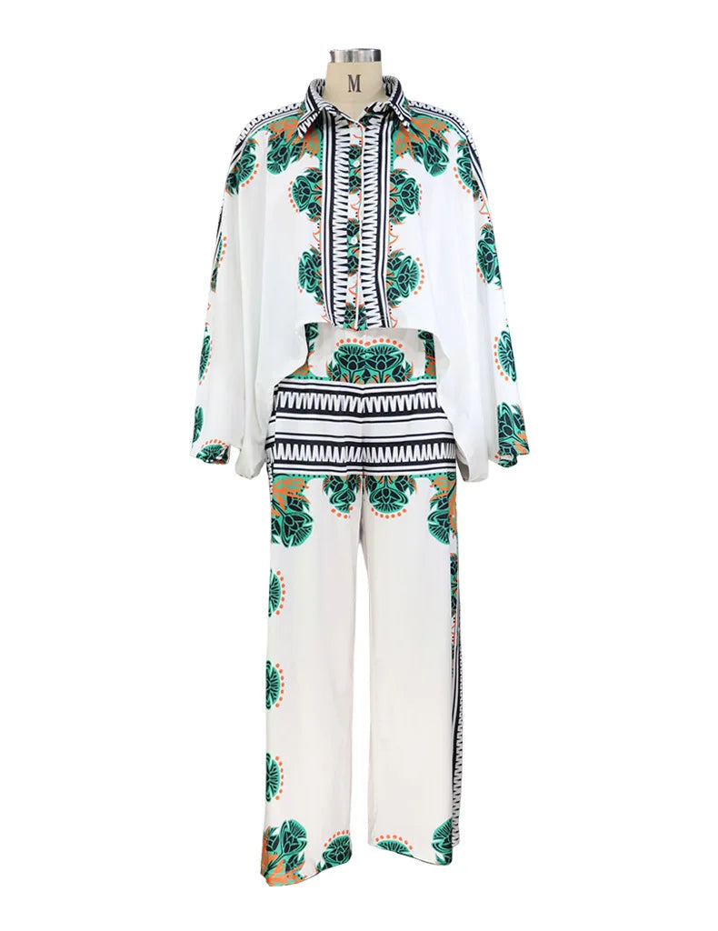 Maxy ZL20062022 Summer New Casual Print Bat Sleeve Top Loose Pants Two Piece Set For Women
